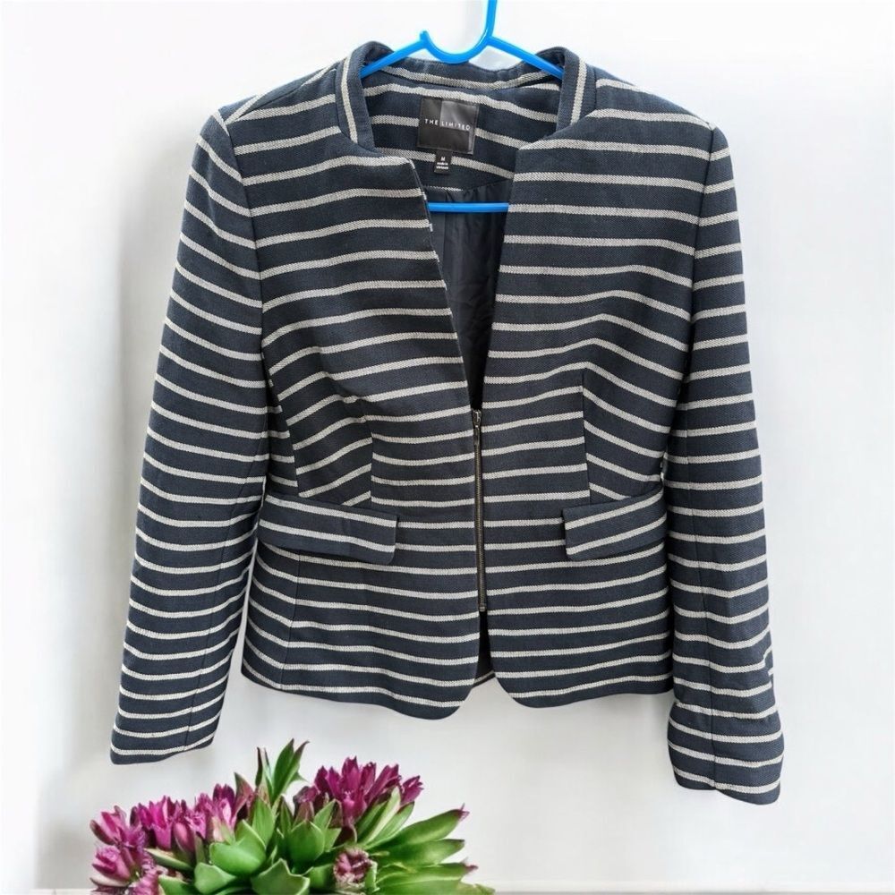 The Limited Womens Blazer Coat Jacket Stretch Navy Stripes 1/2 Zip Size Medium